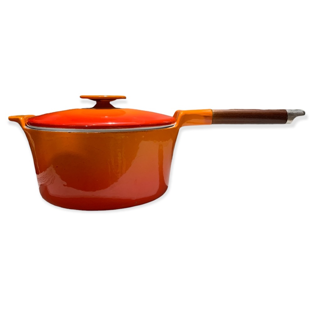 Mid Century cast iron Royal Sealy Japan saucepan with enamel lid and teak handle